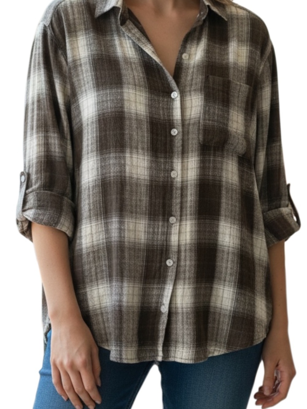 Plaid Button-Front Shirt - Brown & Cream